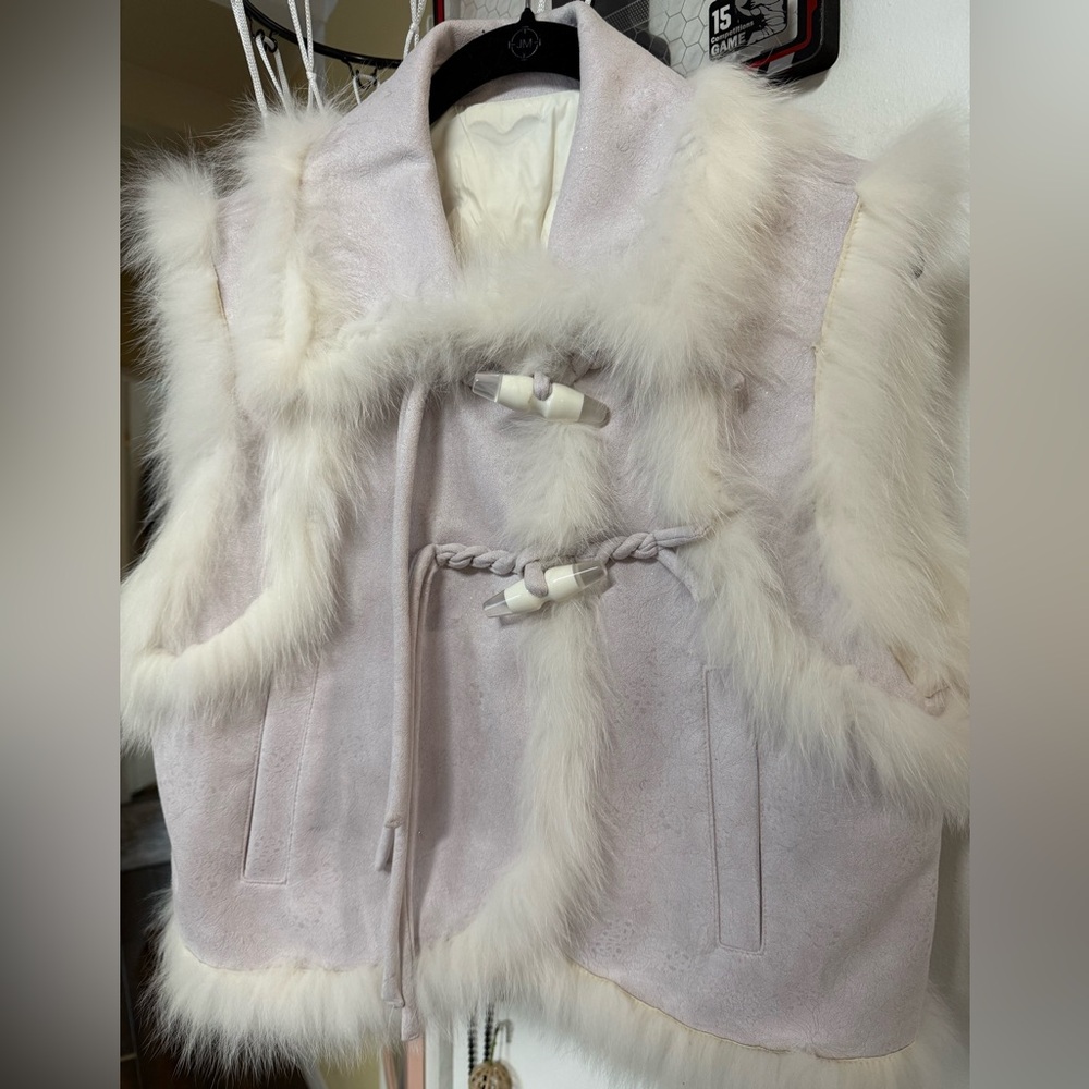 100% real fox Fur Trim Suede down filling Vest in light purple new
